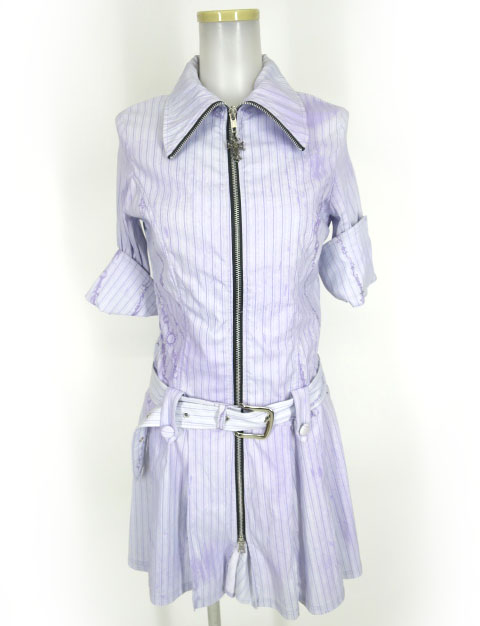 h.NAOTO NiNE ジップアップストライプ半袖ワンピース