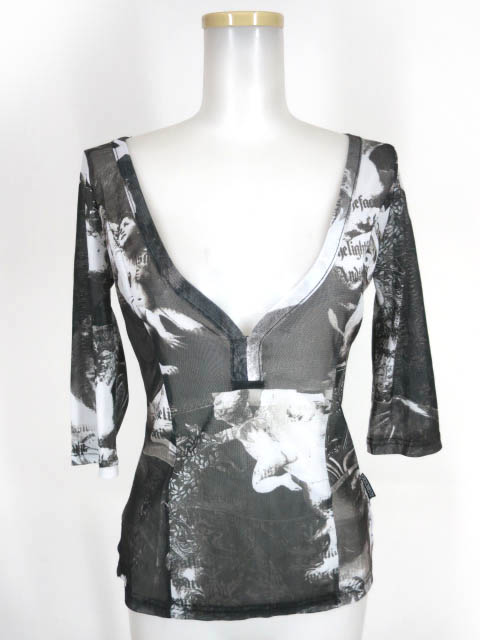 OZZ ONESTE ゴシック柄七分袖メッシュチュールカットソー