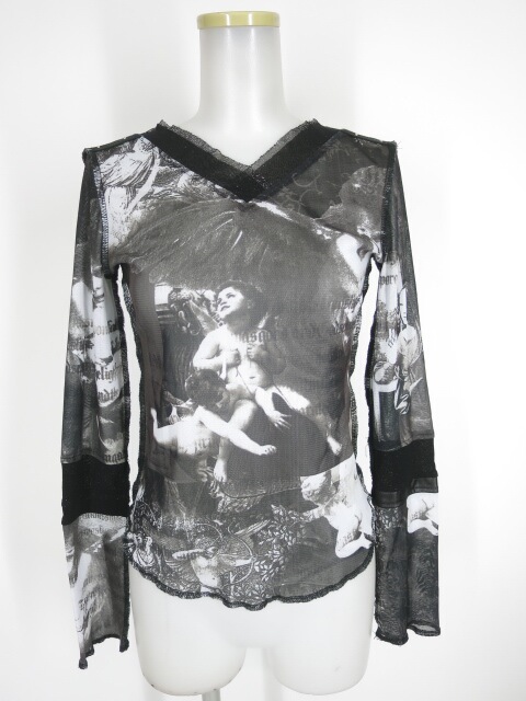 OZZ ANGELO 天使柄メッシュチュール長袖カットソー