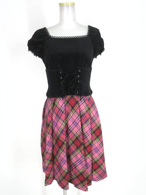 Emily Temple cute 別珍＆チェック切替ワンピース