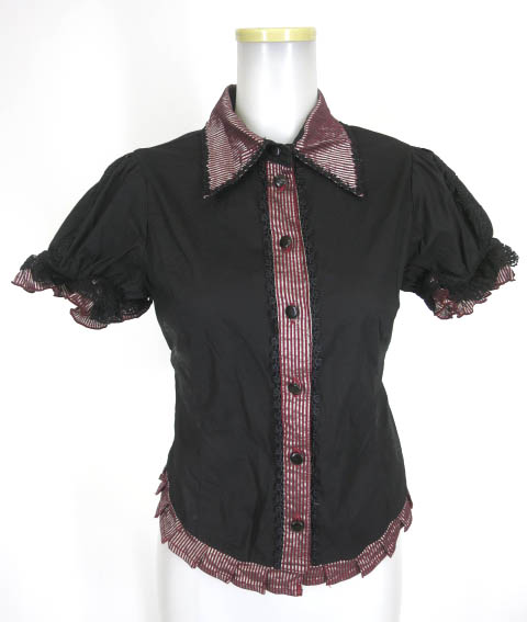 h.NAOTO FRILL ストライプ切替半袖ブラウス