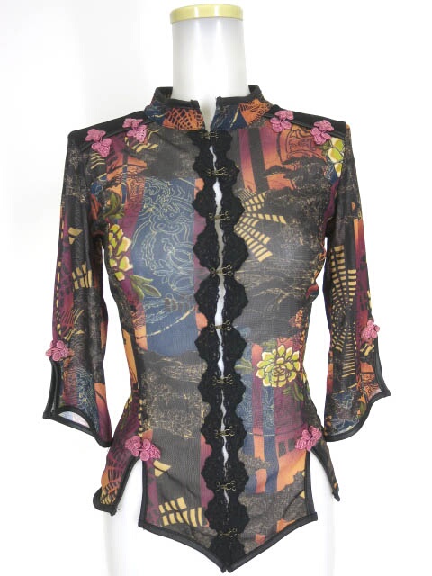 OZZ ONESTE 和チャイナ柄 フックボタン メッシュチュール七分袖ブラウス