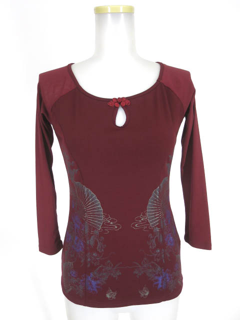 OZZ ONESTE 龍＆扇子プリント袖メッシュ七分袖カットソー