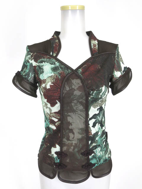 OZZ ONESTE 和チャイナ柄メッシュチュール半袖カットソー