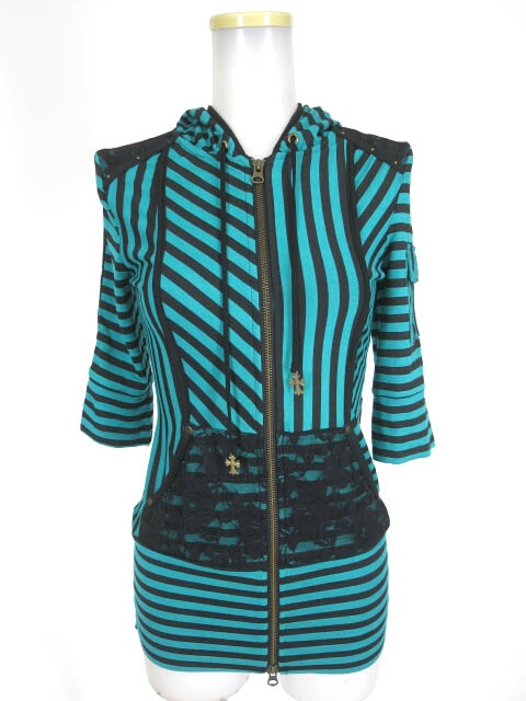 Ozz Croce レース付きストライプ七分袖パーカー