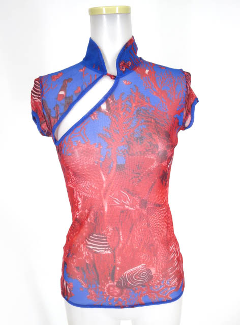 Jean Paul GAULTIER FEMME 熱帯魚柄チャイナ襟パワーネット半袖カットソー