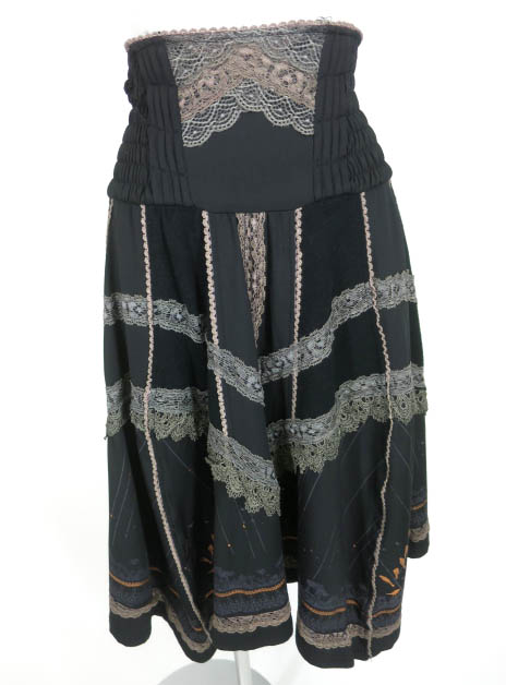 OZZ ANGELO カラスプリント レース付きニット切替スカート