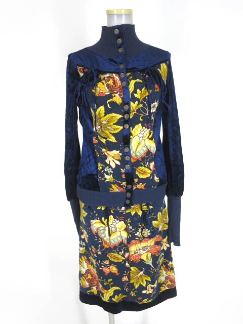 Ozz On ベロア切替花柄ニットブラウス & スカート セット