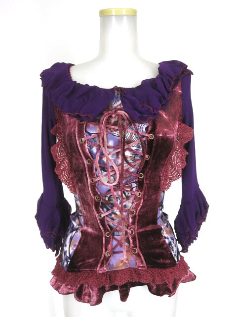 Ozz On メッシュ＆ベロア切替編み上げ付きカットソー