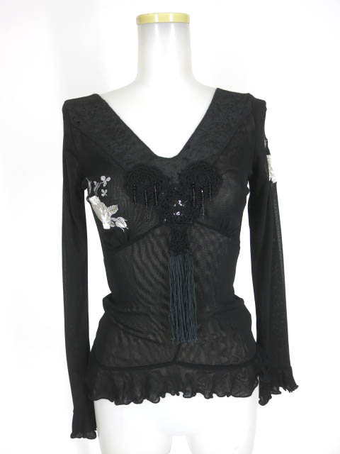 Ozz On ローズ刺繍入りメッシュチュール長袖カットソー