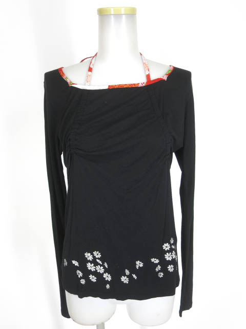 gouk 桜プリント和柄パイピング長袖カットソー