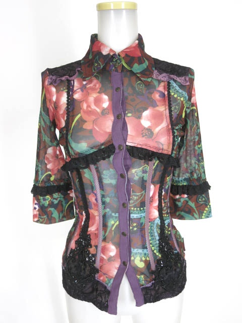 OZZ ONESTE 和花柄七分袖メッシュチュールブラウス