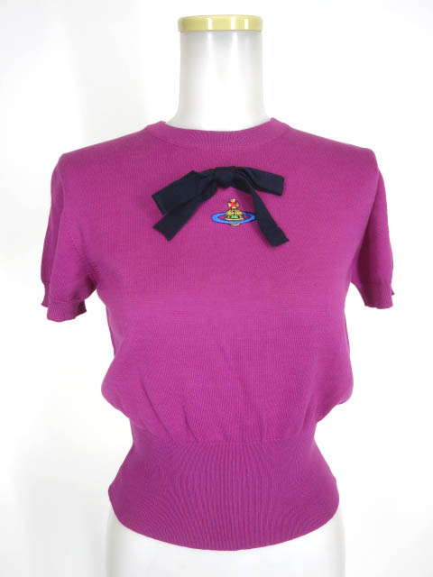 Vivienne Westwood リボン付き オーブ刺繍半袖コットンニットセーター