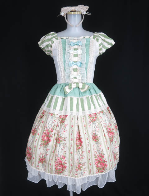 CHOCOCHIP COOKIE ローズブーケストライプ柄切替ワンピース + カチューシャ セット