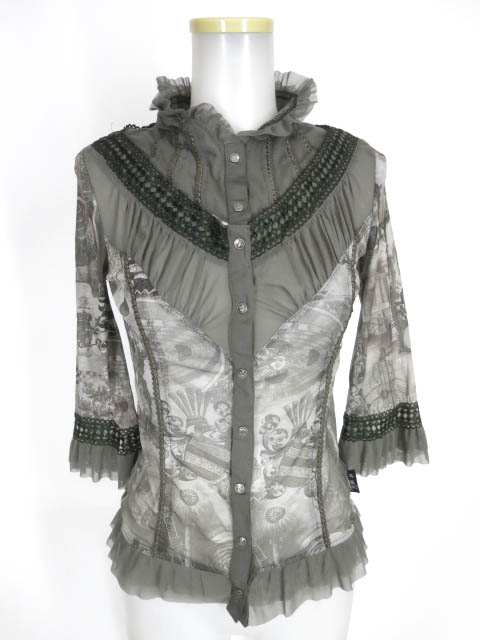 OZZ ANGELO 中世柄メッシュチュール七分袖ブラウス