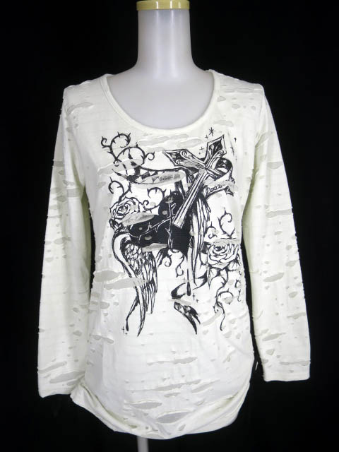 PEACE NOW クロス＆ローズプリントダメージ長袖カットソー