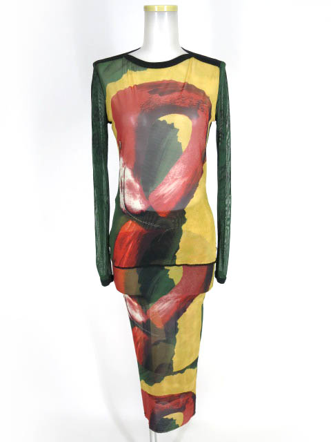 Jean Paul GAULTIER FEMME フラミンゴ柄パワーネット長袖カットソー & スカート セット