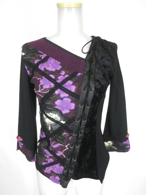 Ozz On 和チャイナ柄切替アシンメトリーカットソー