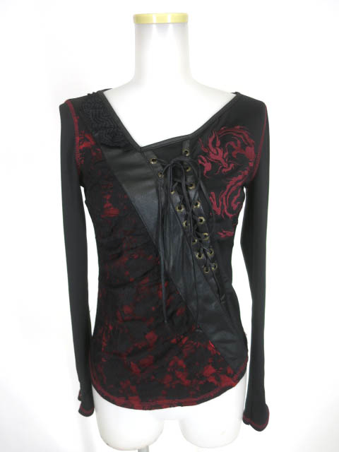 Ozz On 龍刺繍 編み上げ付きレース重ね長袖カットソー