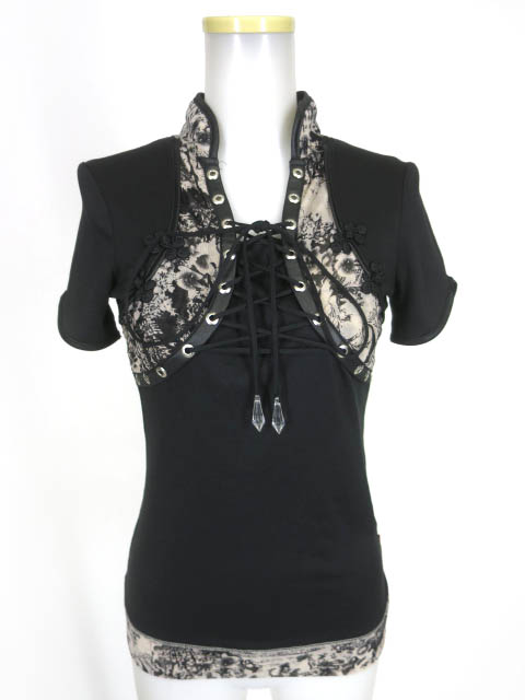 Ozz On hikozoh 編み上げ付きチャイナ半袖カットソー