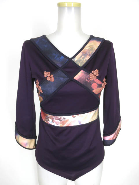 Ozz On hikozoh チャイナボタン付き和柄切替カットソー