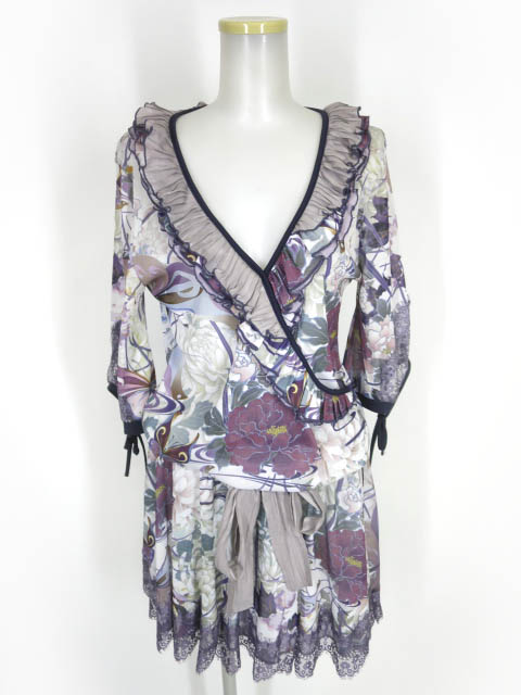 OZZ ONESTE 和チャイナ柄メッシュチュール七分袖ワンピース