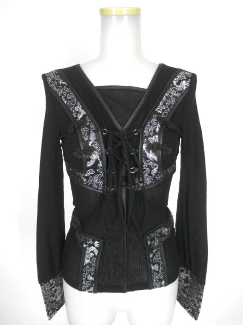 Ozz On 編み上げ付きメッシュチュールチャイナ長袖カットソー