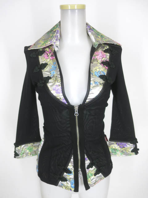 OZZ ONESTE チャイナ生地切替ジップアップメッシュチュールブラウス