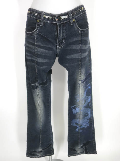 gouk 龍プリントブーツカットデニムパンツ