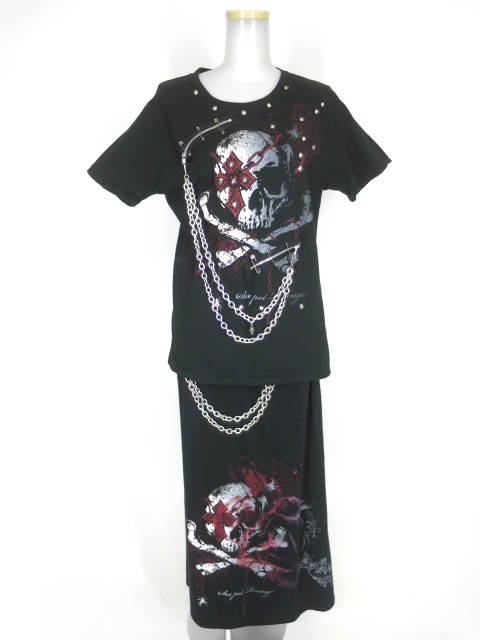 SEX POT チェーン付きドクロプリントTシャツ & ロングスカート セット