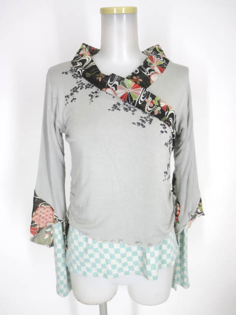 gouk 着物襟レイヤード市松チェック長袖カットソー