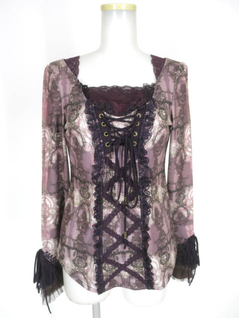 OZZ ANGELO 編み上げ付き総柄長袖カットソー