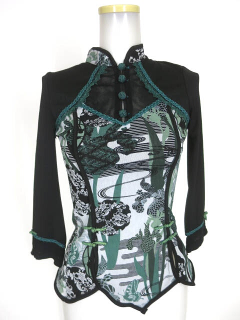 OZZ ONESTE 和チャイナメッシュチュール切替七分袖カットソー