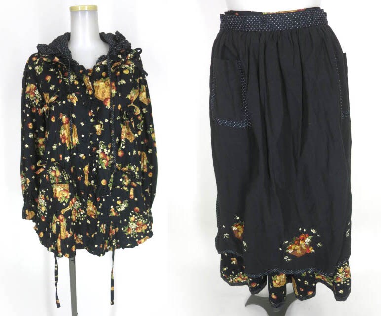 田園詩 りんごバスケット柄フード付きブラウス&エプロン付きロングスカート セット