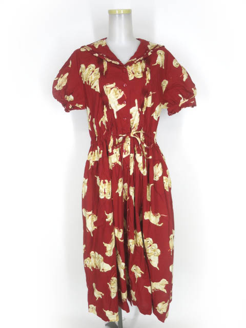 田園詩 ドッグ柄セーラー衿パフスリーブワンピース