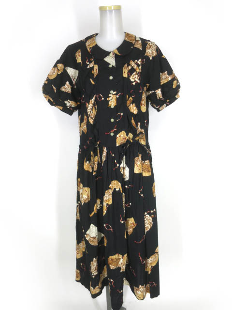 田園詩 猫柄パフスリーブワンピース