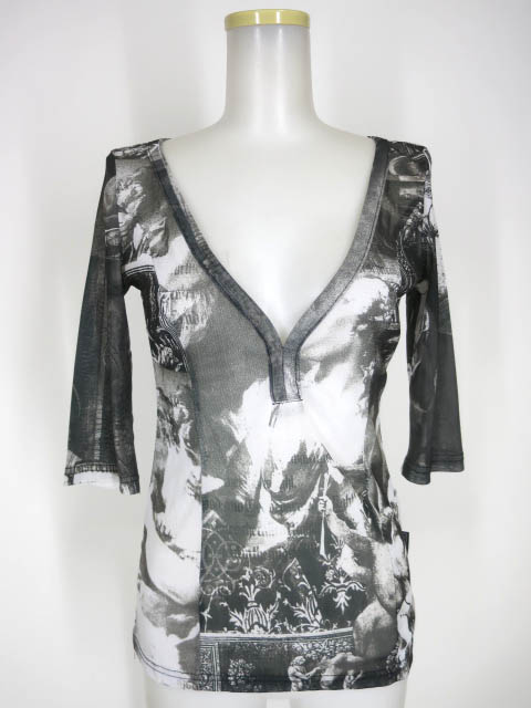 OZZ ONESTE ゴシック柄七分袖メッシュチュールカットソー