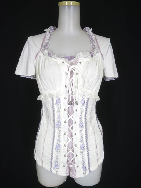 Ozz Croce 編み上げ付きローズ刺繍半袖カットソー