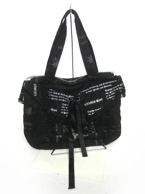 h.NAOTO Blood レース付き英字柄バッグ