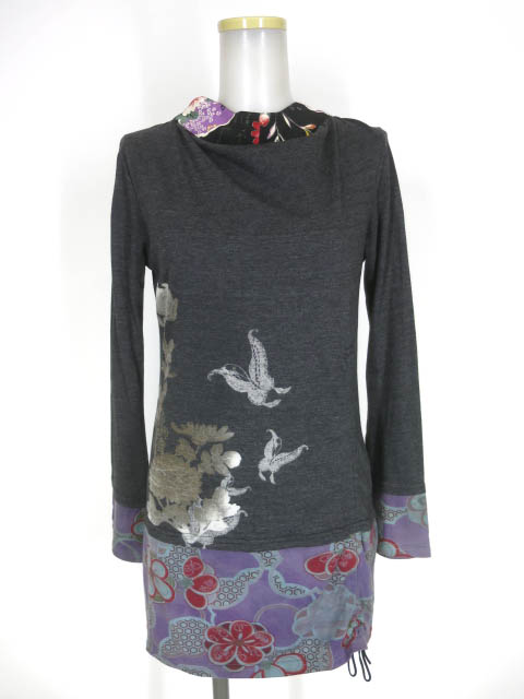 gouk ボウタイ襟 和柄切替 長袖チュニックカットソー