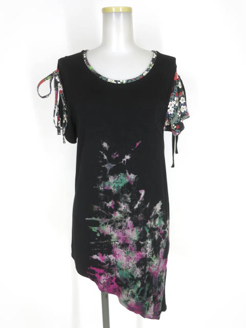 gouk 漢字プリント ムラ染めアシンメトリー半袖カットソー