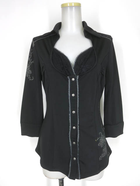 Ozz Croce ローズプリント バックレース切替七分袖ブラウス