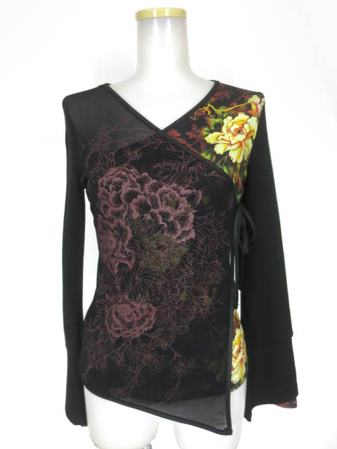 OZZ ONESTE メッシュ重ね和チャイナ柄ニットプルオーバー