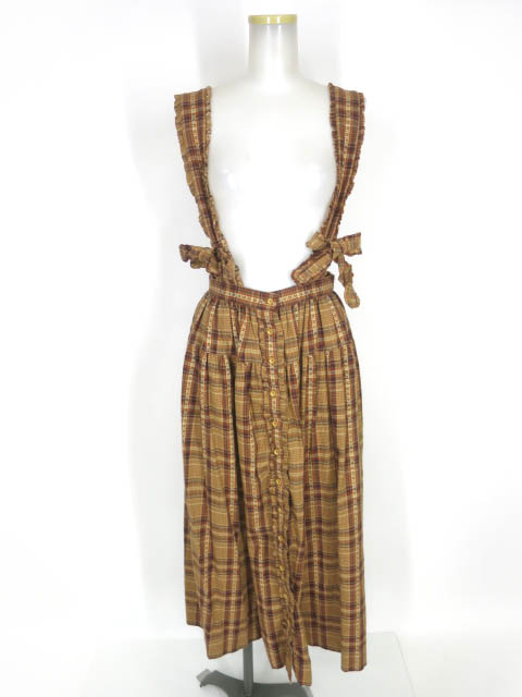 田園詩 チェック柄 サスペンダー付きロングスカート