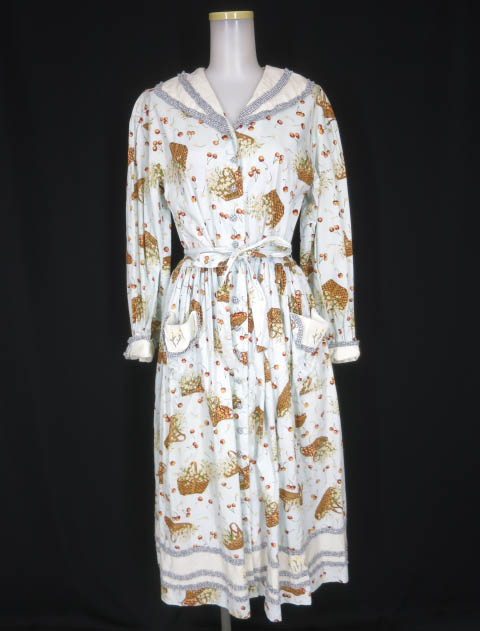 田園詩 チェリー&バスケット柄 セーラー衿ワンピース