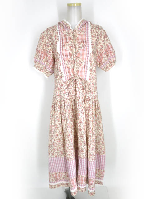 田園詩 花柄＆チェック切替フード付きパフスリーブワンピース