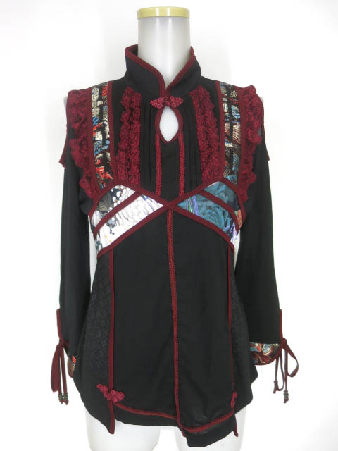 オッズオン Ozz on チャイナ風カットソー シャツ 黒×赤 中華ゴシック