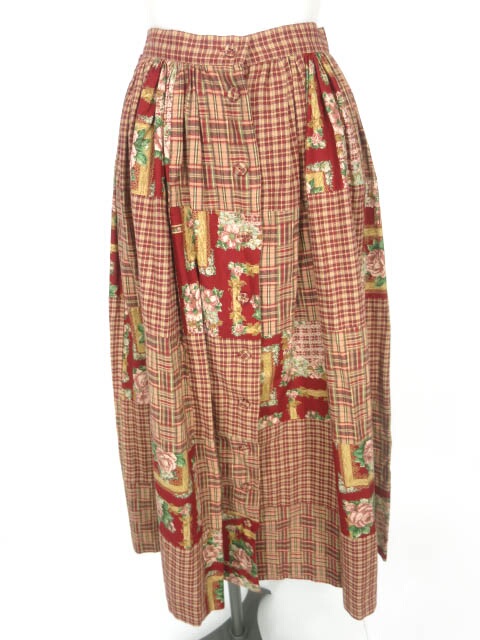 田園詩 ローズフレーム＆チェック柄パッチワークロングスカート