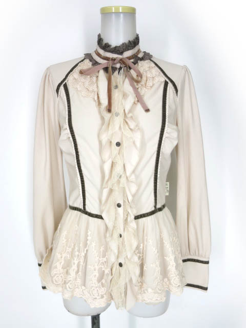 OZZ ANGELO レース付きジョーゼットシフォンフリルブラウス