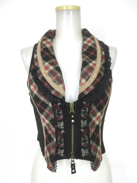 Ozz Croce ローズ刺繍チェック柄ベスト